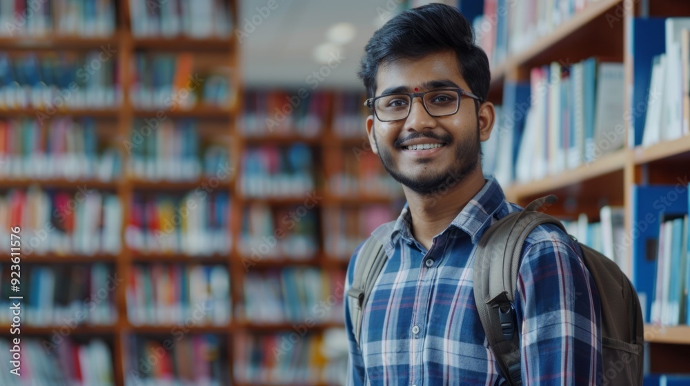 Poster a cheerful student stands in a library filled with colorful books, showcasing his passion for learni