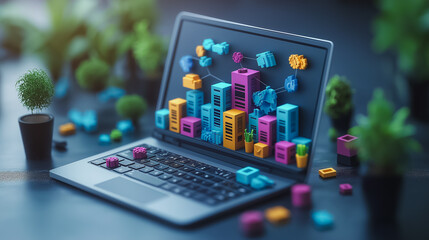 Laptop with productivity process icons, businessman focused on efficiency and growth, industrial management theme, lean cost strategies, modern office setting, vibrant colors