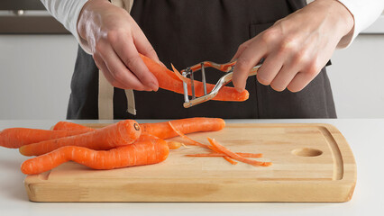 Closeup of a cook peeling carrots on a cutting counter.