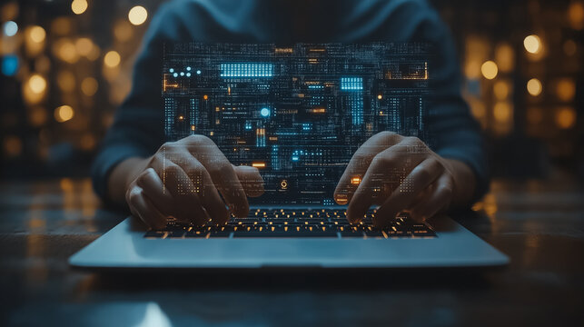 Efficiency process icons, businessman at laptop, productivity growth in industrial management, lean cost solutions, high-tech corporate environment, sharp focus, professional lighting - Powered by Adobe