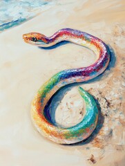 Rainbow colored snake in the sand, in the style of holographic, AI generated