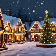 Fototapeta premium Cozy Snow-Covered Christmas Village at Night, Warmly Lit Cottages, Twinkling Lights, Festive Christmas Tree, Falling Snowflakes, Joyful Atmosphere