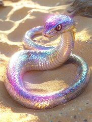 Rainbow colored snake in the sand, in the style of holographic, AI generated