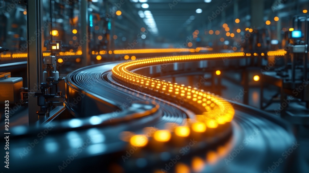 Aufkleber Conveyor belts twist and turn in an industrial space, illuminated by warm lights creating a captivating atmosphere during evening hours