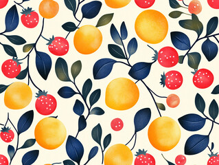 Colorful strawberries and oranges interwoven with dark leaves on a light background, creating a vibrant and fruity seamless pattern.