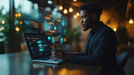 Automation workflow, businessman using laptop, virtual screen displaying automation icons, business process optimization, high-tech business strategy, seamless integration, 3D digital visuals