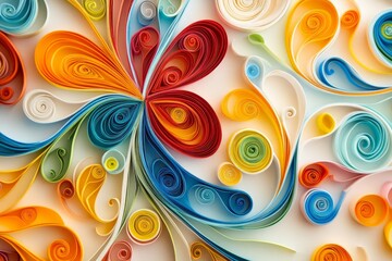 Fototapeta premium Vibrant quilling paper art in bright colors, showcasing intricate swirls, rolls, and shapes. Perfect decorative craftwork piece.