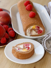 Homemade, peach and raspberry chocolate roll.