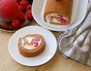 Homemade, peach and raspberry chocolate roll.