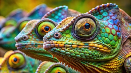 A group of chameleon faces packed together, all looking the same way, chameleon, faces, group, together, pattern
