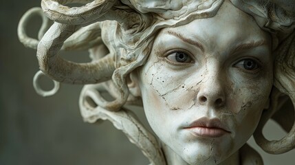 Detailed portrayal of an artistic Medusa statue with intricate features and textured surfaces
