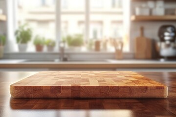 wood counter top with cutting board on blur kitchen in morning window background. For product display. Generative ai