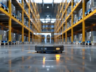 Obraz premium Autonomous robot navigating through an industrial warehouse filled with storage shelves during daytime