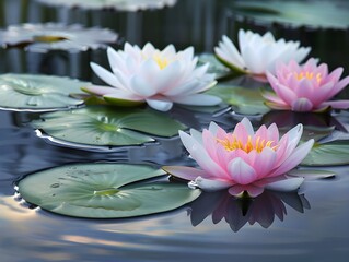 Colorful water lilies floating peacefully on a serene pond at dawn