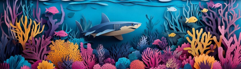 Fototapeta premium Vibrant underwater scene featuring a shark swimming among colorful coral reefs in a beautiful marine ecosystem.