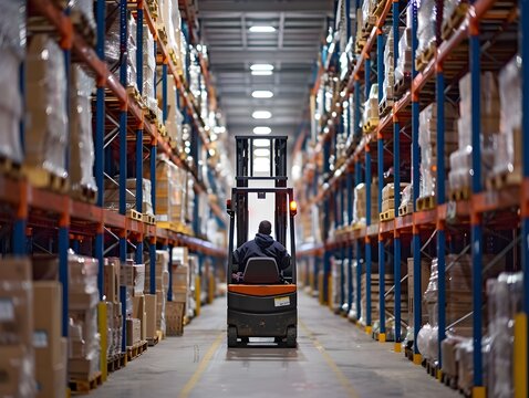 Forklift operator navigating through a busy warehouse aisle filled with stacked pallets during daytime