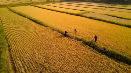 Obraz premium Traditional Rice Harvesting in a Paddy Field: Wide-Angle View of Rural Farmland with Farmers Using Traditional Tools