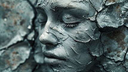 Woman's face covered in textured plaster, showcasing artistry in a creative setting