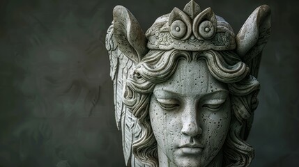 Stone statue of a winged figure with a crown, set against a dark background in a tranquil setting