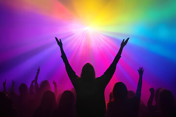 Fototapeta premium Silhouetted concert crowd rejoices under vibrant stage lights at music festival, 3d rendering, generative ai