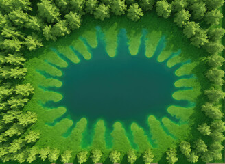 Lush Greenery Surrounds Circular Pond in a Forested Landscape During Daylight Hours