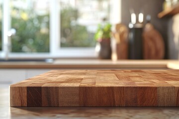wood counter top with cutting board on blur kitchen in morning window background. For product display. Generative ai