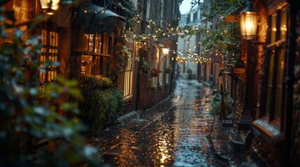 Fototapeta premium Rainy evening in a cozy cobblestone alley adorned with warm lights and greenery