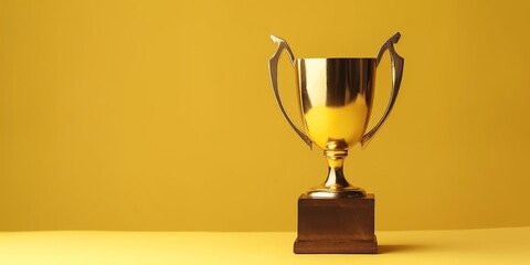 A golden trophy standing on a wooden base is displayed against a solid yellow background, symbolizing achievement.