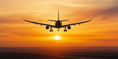 A commercial airplane glides gracefully towards the setting sun, preparing to land on a clear runway.