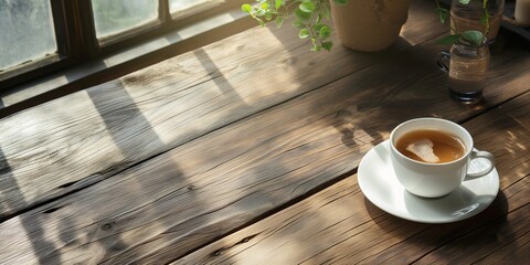A peaceful scene of a cup of tea on a wooden table, bathed in warm sunlight coming through the window. Inviting calmness.