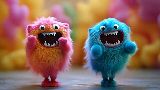 Colorful furry creatures dance joyful in a vibrant setting, fluffy monsters jump in sync