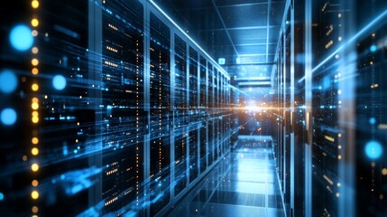 Obraz premium A futuristic server room with rows of glowing LED lights, showcasing advanced data storage and high-tech infrastructure.