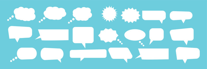 Set of speak bubble text, chatting box, message box outline cartoon vector illustration design. Balloon doodle style of thinking sign symbol.
