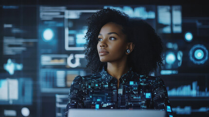 Black woman working with digital technology and office equipment, illustrating a modern work environment.