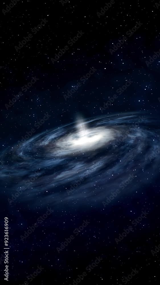 Poster a slow vertical approach to a large spiral galaxy in deep space with heavenly light rays emanating f