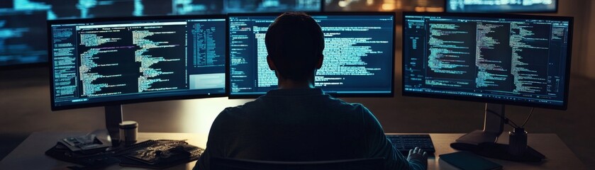 A programmer working at a multi-monitor setup, coding and analyzing on multiple screens in a dimly lit room, managing complex software projects.