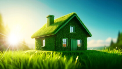 Closeup of a beautiful green house made of a green grass on a meadow against a clear blue sky with copy space and sunbeams, backlit. Environment sustainable lifestyle, eco friendly home. Generative Ai