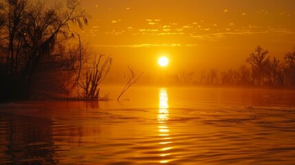 Sunrise over a calm river with silhouettes of trees and mist in the early morning light