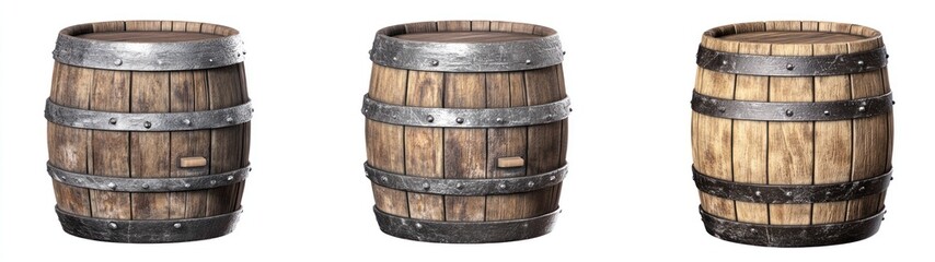 Fototapeta premium Three Wooden Barrels with Metal Bands and Spikes