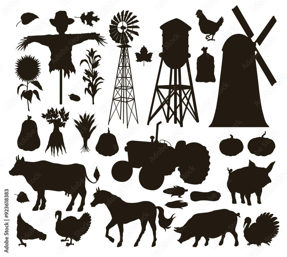 Poster Thanksgiving silhouettes monochrome set element