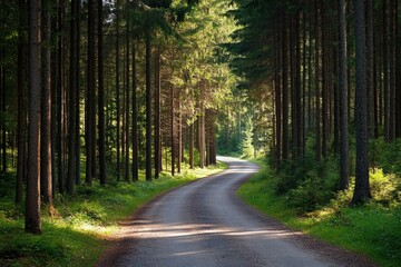 Sunlight filtering through pine trees onto a quiet forest road, tranquil and scenic