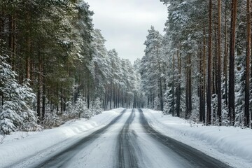 Obraz premium Snowy road through a pine forest, untouched and pristine winter scene
