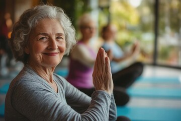 Elderly individuals in a fitness class, learning new exercises to improve their strength and flexibility in a supportive environment