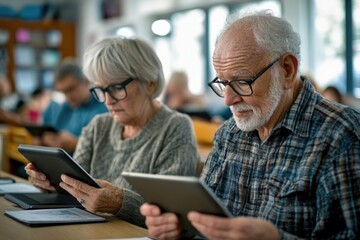 Elderly couple in a tech class, both focused on their tablets as they learn to navigate digital tools