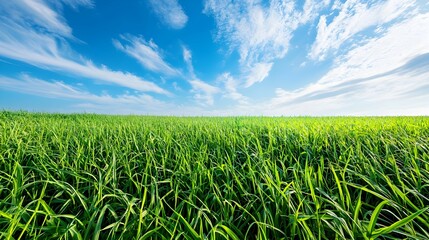 Expansive Grassy Field Under Bright Blue Skies,Exuding Serenity and Calm