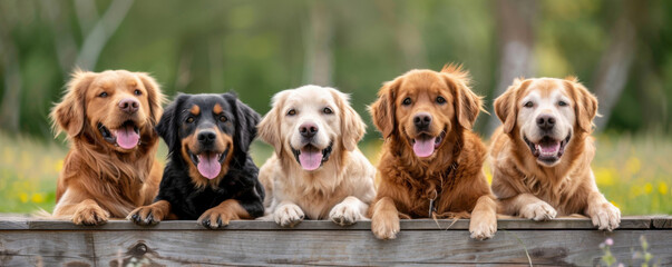 Five dogs of different breeds sitting together on a wooden surface outdoors, all smiling and looking at the camera.