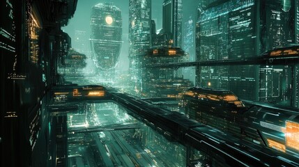 Naklejka premium AI-controlled city, advanced infrastructure, futuristic technology, digital networks