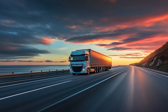 A transport truck speeding along a coastal highway at sunset, with motion blur enhancing the sense of rapid movement and efficient logistics