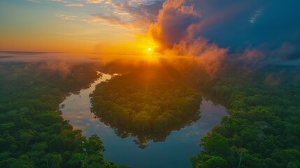 Sunrise over a winding river in the Amazon rainforest with mist and vibrant colors