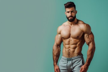 Fototapeta premium Muscular man exuding strength and mental clarity, standing against a solid color background, ideal for gym flyers that highlight the harmony of body and mind